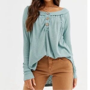 Free People Must Have Henley Top Waffle Knit Long Sleeve Shirt Size Small